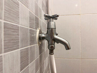 Close-up of a Chrome Dual-Control Wall Tap with Flexible Hose on Mosaic Tile Background.