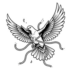 Fototapeta premium Illustration of a dove escaping from the rope that bound it. World human rights commemoration, isolated on a white background.