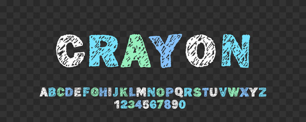 English alphabet crayon. Handwritten ABC with wax texture. Children font. Vector illustration.