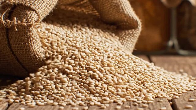 A close-up shot captures an abundance of small, light-colored grains artfully spilling from a rustic, textured burlap sack onto a weathered, dark wooden surface. The natural illumination accentuates t
