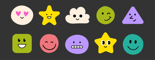 Face smile emoji doodle icon sticker set. Cute kid doodle hand drawn style funny face emoji smile, happy, sad sticker. Funny cartoon emoticon heart, star, flower shape with eyes. Vector illustration
