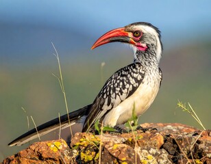 Obraz premium Vibrant close-up of a colorful bird with a large red beak, perched on a rock