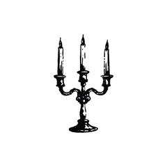 Black and white vintage candle holder illustration in hand drawn style, vintage retro line art vector