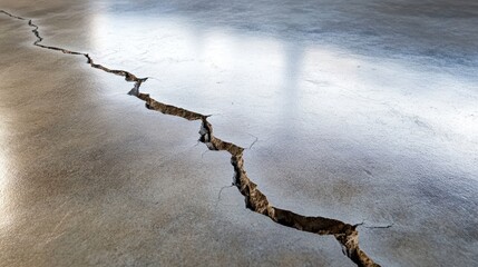 A long jagged crack extends across a smooth polished concrete surface