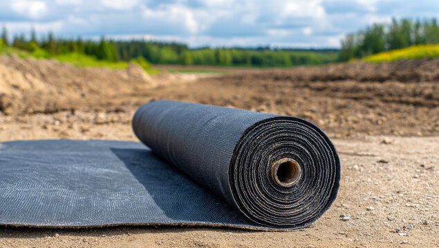 Black plastic geotextile fabric roll laid on ground in outdoor construction site with soil and green landscape in background