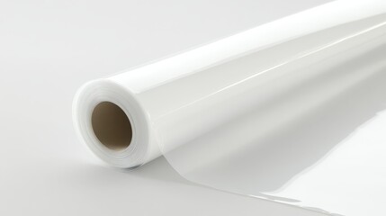 A roll of industrial grade white plastic sheeting with a waterproof coating on a plain white background