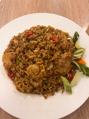 Authentic Asian Shrimp Fried Rice with Vegetables and Chili.