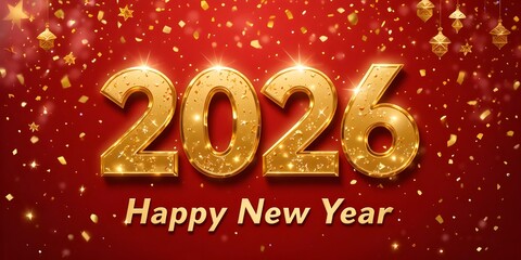 2026 New Year greeting card vector background. Golden numbers for 2026 with confetti and a congratulatory message on a red backdrop. A luxurious, festive postcard perfect for holiday invitation.