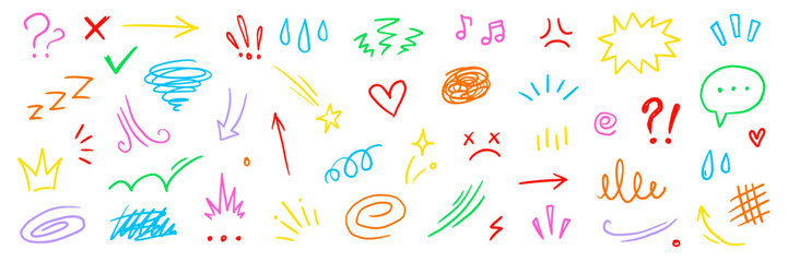 Cartoon chalk star, comic expression elements. Hand drawn cute doodle line motion effect arrow, emphasis, angry emotion, sparkle movement. Cartoon emoticon mark crayon icon. Vector illustration