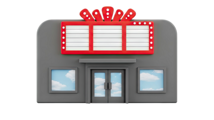 3D Retro Movie Theater Building with Marquee and Clouds on transparent background