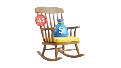 3D Rocking Chair with Money Bag and Retirement Age on transparent background