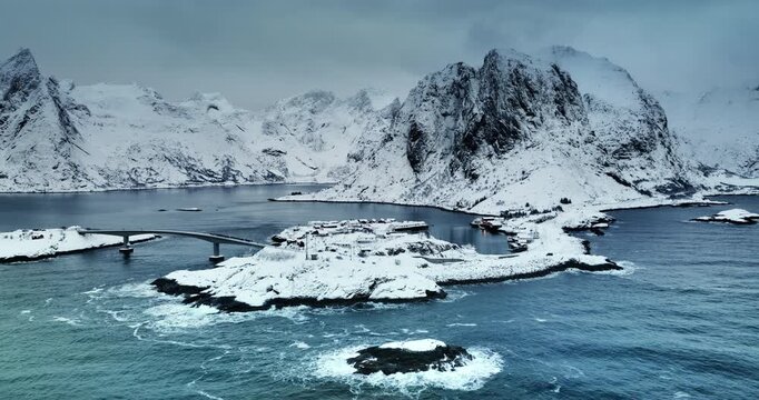 Aerial panorama over Bridge Fredvang, Lofoten islands, Norway arctic winter landscape video