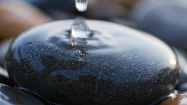 Extreme slow motion close-up of crystal clear water droplets forming and rolling down a smooth, polished river stone surface rolling down, close-up, precision