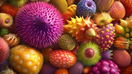 An array of exotic, colorful fruits with various shapes