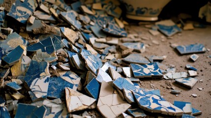 Fototapeta premium Broken ceramic tile pile in varied shades of blue and white