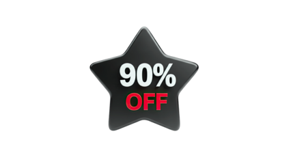 3D 90% Off Star Badge on transparent background