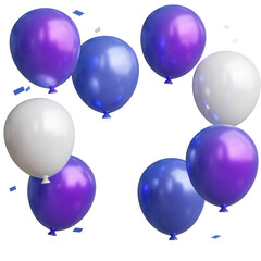 3d render Celebration banner Metallic Purple with white balloons floating and confetti