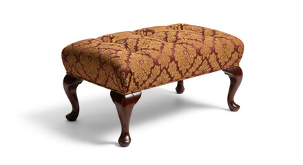 A low, upholstered ottoman with wooden legs on a white background.