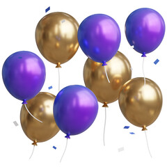 3d render Celebration banner Blue with golden balloons floating and confetti