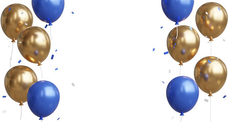 3d render Celebration banner Blue with golden balloons floating and confetti