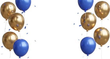 3d render Celebration banner Blue with golden balloons floating and confetti