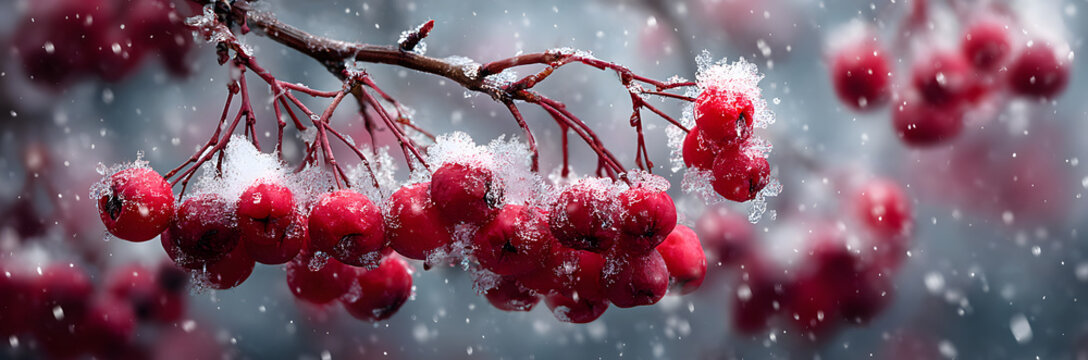 Snow covered red berries on a branch with ice and snowflakes falling. Winter landscape for Christmas holiday card and seasonal decoration. - Powered by Adobe