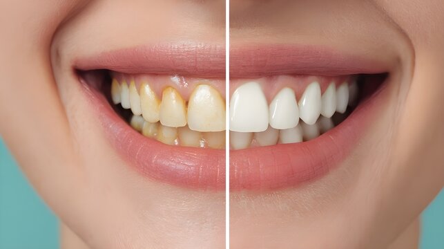 Teeth whitening before and after comparison, close up of a smiling woman with yellow and white teeth.