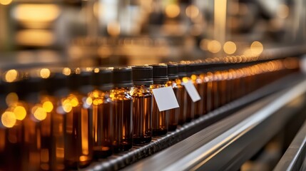 Automated machine applies clear labels to amber glass bottles on a production line