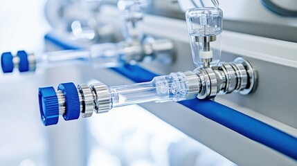 Close up of chromatography column with tubing and valves