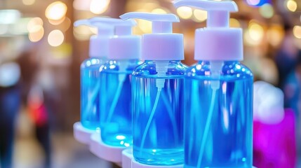 Clear blue hand sanitizer dispensers with white pumps mounted for easy access