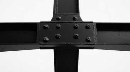 Close up view of a sturdy black metal beam construction joint with multiple visible rivets and bolts forming a strong industrial support structure