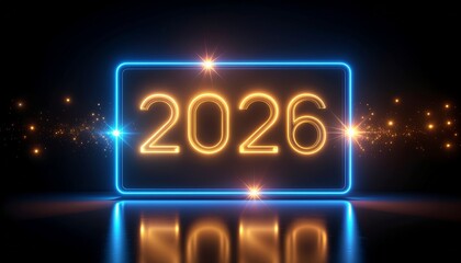 The energetic orange 2026, a futuristic 3d render, glows brightly inside a blue neon frame on a dark background.