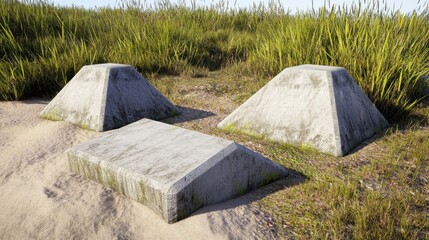 Concrete tetrahedron structures scattered across rough terrain