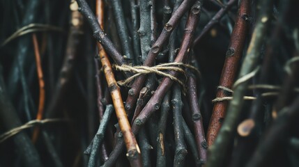 Fototapeta premium Bundled dry branches tied together for firewood or resources