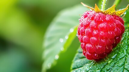 Close Up of a Single Dew Kissed Organic Raspberry on a Green Leaf