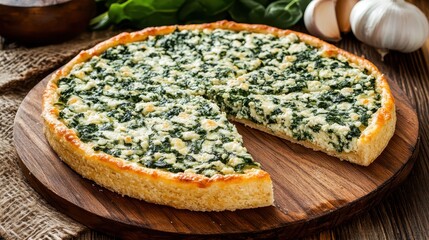 Delicious Italian Spinach and Ricotta Pizza on Wooden Board