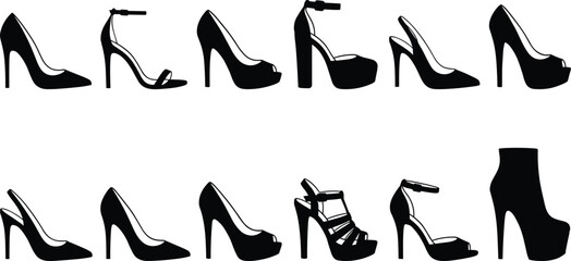 High heel shoe silhouettes set, women fashion footwear collection, stiletto pumps and platform heels isolated on white background vector illustration