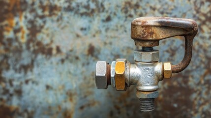 Close up of an empty propane tank valve with a metal fitting and nut against a rusty textured background