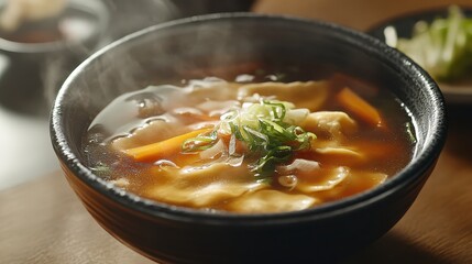 Delicious hot dumplings stewed in broth with vegetables