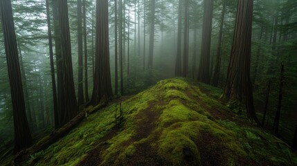 Dense foggy forest with swirling mist and giant redwood trees
