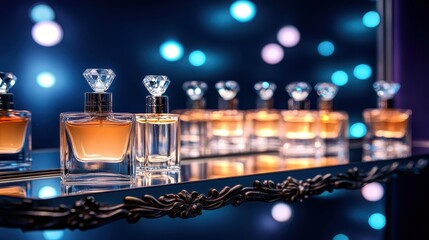 Display of luxury perfume bottles on a mirrored shelf