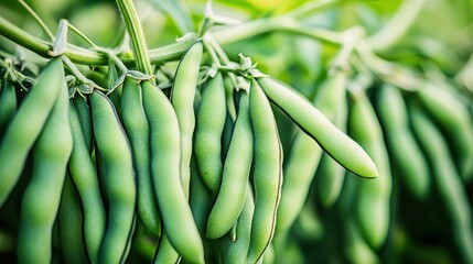 Close up of fresh dark green beans growing on vine