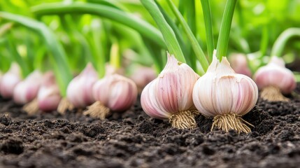 Close up of fresh organic garlic bulbs growing in soil