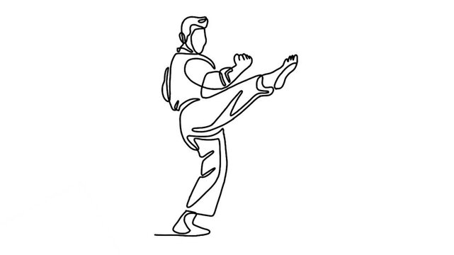 continuous line animation of man practicing karate combat