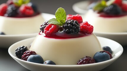 Close up of gourmet dessert with fresh berries and mint