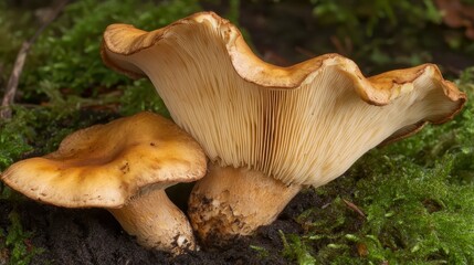 Close up of two organic mushrooms with delicate gills