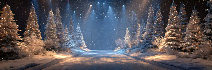 Snowy christmas trees lining an illuminated stage pathway, creating a festive winter wonderland scene with falling snowflakes for seasonal celebration.