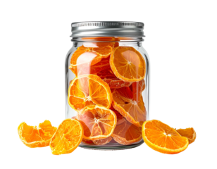 Glass jar filled with bright, translucent dried orange slices