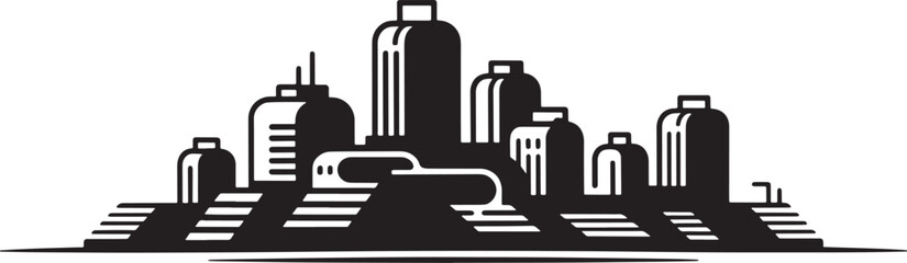 Obraz premium Cityscape silhouette with industrial buildings in black color vector illustration