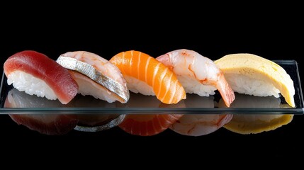 Close up of Japanese Sushi and Sashimi on black background